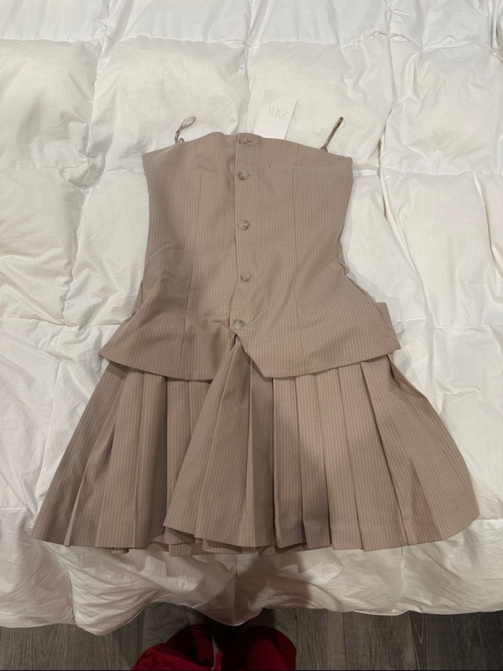 Zara Pleated Strapless Dress in Taupe